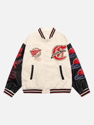 American Patchwork PU Leather Sleeve Embroidered Alphabet Baseball Jacket